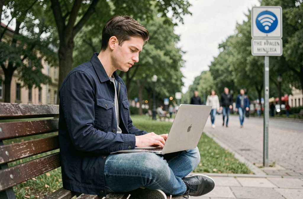 Jeune homme utilisant le WiFi public dans un parc urbain avec son ordinateur portable, exposition des données personnelles en ligne