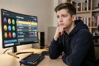 Joueur assis devant son setup gaming regardant son grade CS sur l'écran avec une expression hésitante