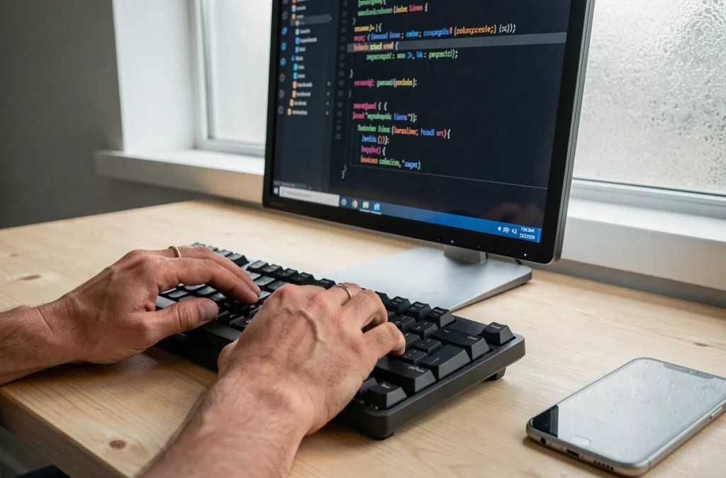 Gros plan sur des mains de programmeur tapant du code Python avec listes en mode sombre sur écran de bureau minimaliste