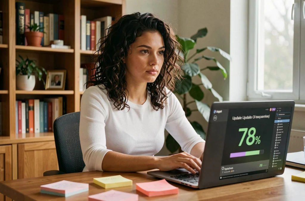 Femme installant une mise à jour logicielle sur son ordinateur portable dans un bureau à domicile pour corriger des vulnérabilités