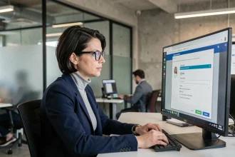 Une professionnelle en bureau moderne supervisant une mise à jour logicielle sur son poste de travail pour renforcer la cybersécurité