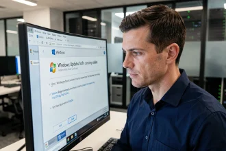 Technicien informatique analysant une mise à jour de sécurité Windows sur un écran ultrawide en entreprise