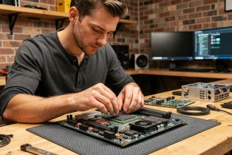 Homme assemblant un processeur sur une carte mère lors du montage d'un PC sur mesure dans un atelier maison