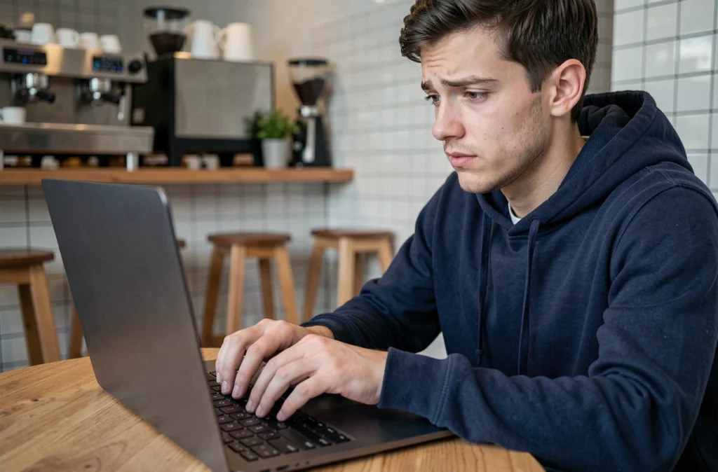 Jeune homme naviguant avec des raccourcis clavier sur un laptop dans un café sans utiliser de souris