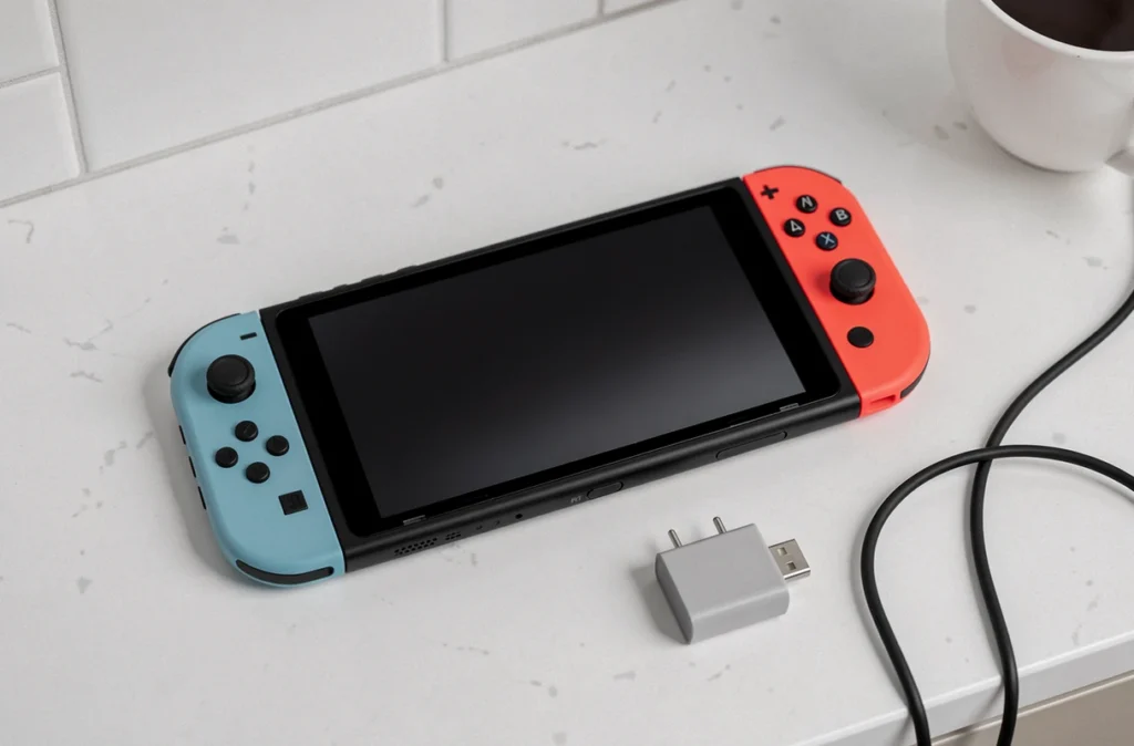 Nintendo Switch éteinte posée sur un plan de travail blanc avec câble de charge USB-C, écran noir et sans réponse