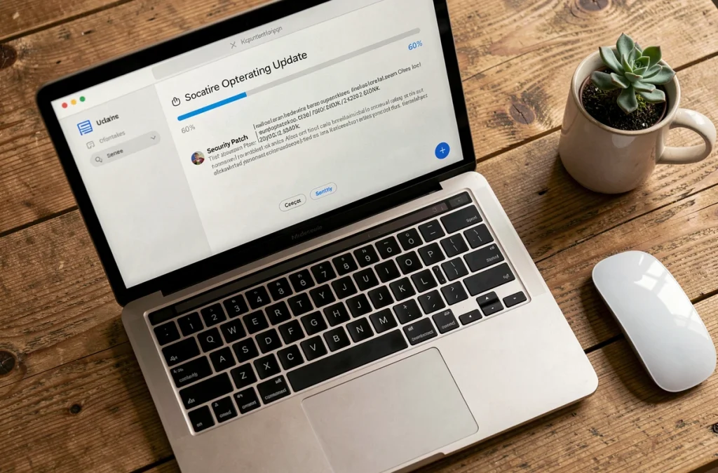 Gros plan d'un ordinateur portable affichant une interface de mise à jour de sécurité du système d'exploitation sur un bureau en bois en télétravail