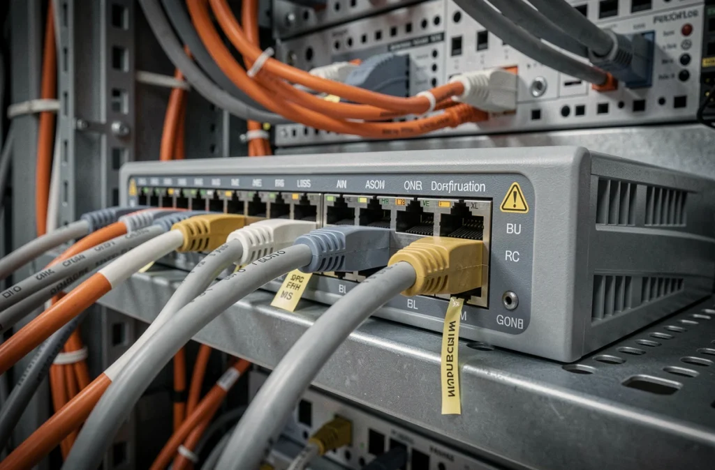 Gros plan sur un panneau de commutation réseau avec des étiquettes d'avertissement de mauvaise configuration dans une salle de données