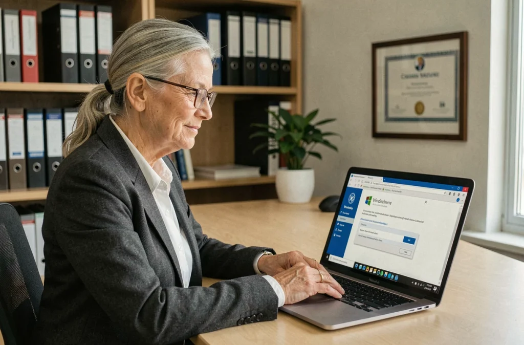 Responsable informatique féminine examinant une politique de sécurité Windows sur un ordinateur portable au bureau