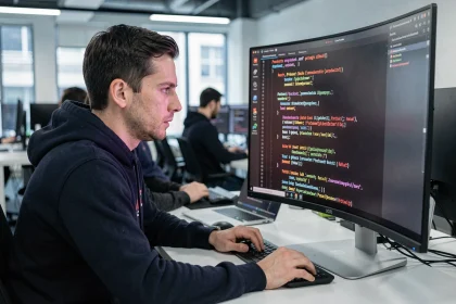 Professionnel en cybersécurité analysant des alertes de failles logicielles sur un écran d'ordinateur dans un bureau moderne