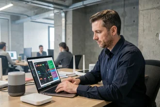 Professionnel de la cybersécurité analysant des alertes réseau sur un ordinateur portable entouré d'objets connectés dans un bureau moderne
