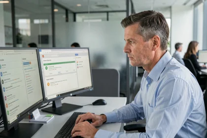 Professionnel informatique analysant des alertes de sécurité sur des écrans d'ordinateur dans un bureau moderne