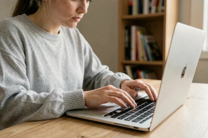 Femme utilisant un raccourci clavier sur un ordinateur portable pour naviguer sans souris