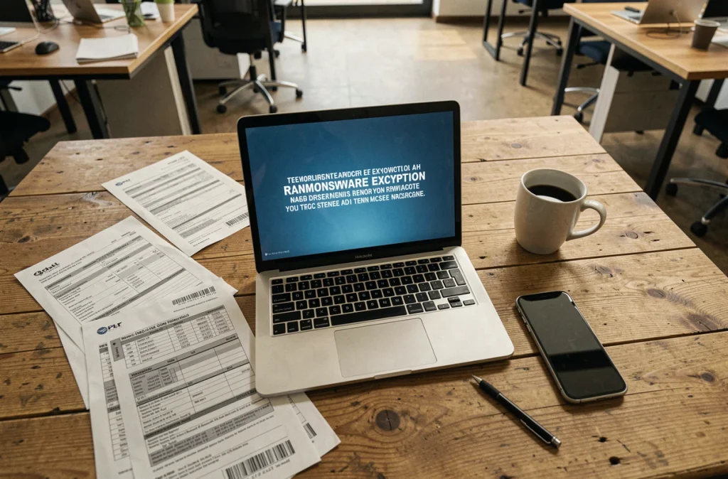Bureau d'une petite entreprise avec un ordinateur portable bloqué par un ransomware, entouré de documents professionnels épars