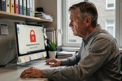 Chef d'une petite entreprise face à un écran affichant un message de ransomware, exprimant stress et inquiétude dans son bureau