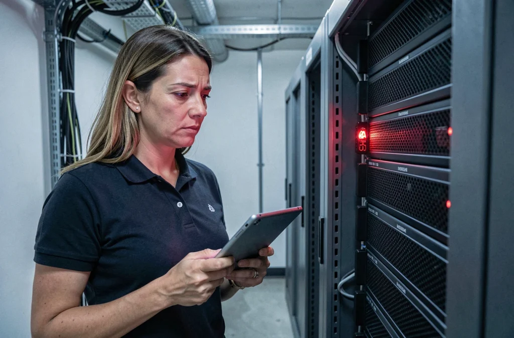 Technicienne informatique inspectant un serveur en alerte dans la salle serveurs d'une petite entreprise victime de ransomware