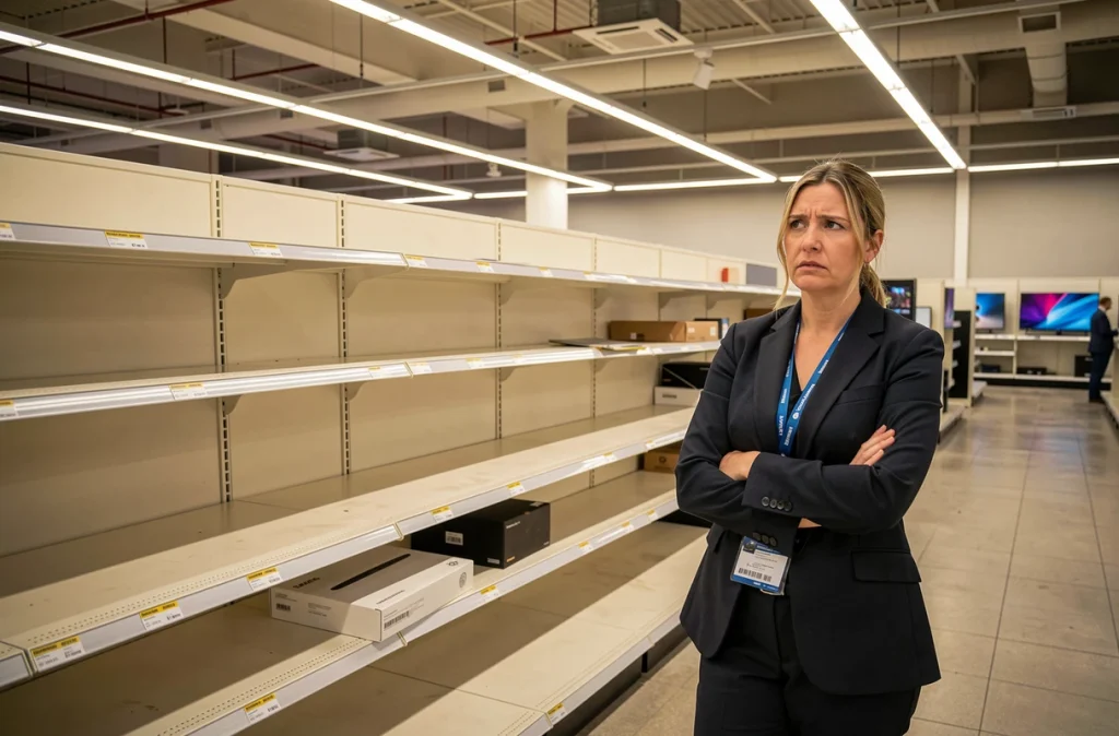Responsable de magasin devant des rayons vides d'ordinateurs, symbolisant la pénurie de puces électroniques dans le commerce