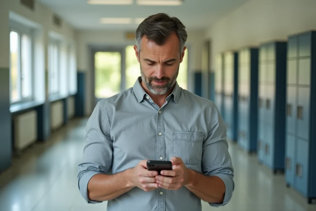 Enseignant remplaçant activant son compte Mel ouvert Caen depuis son smartphone dans un couloir d'école