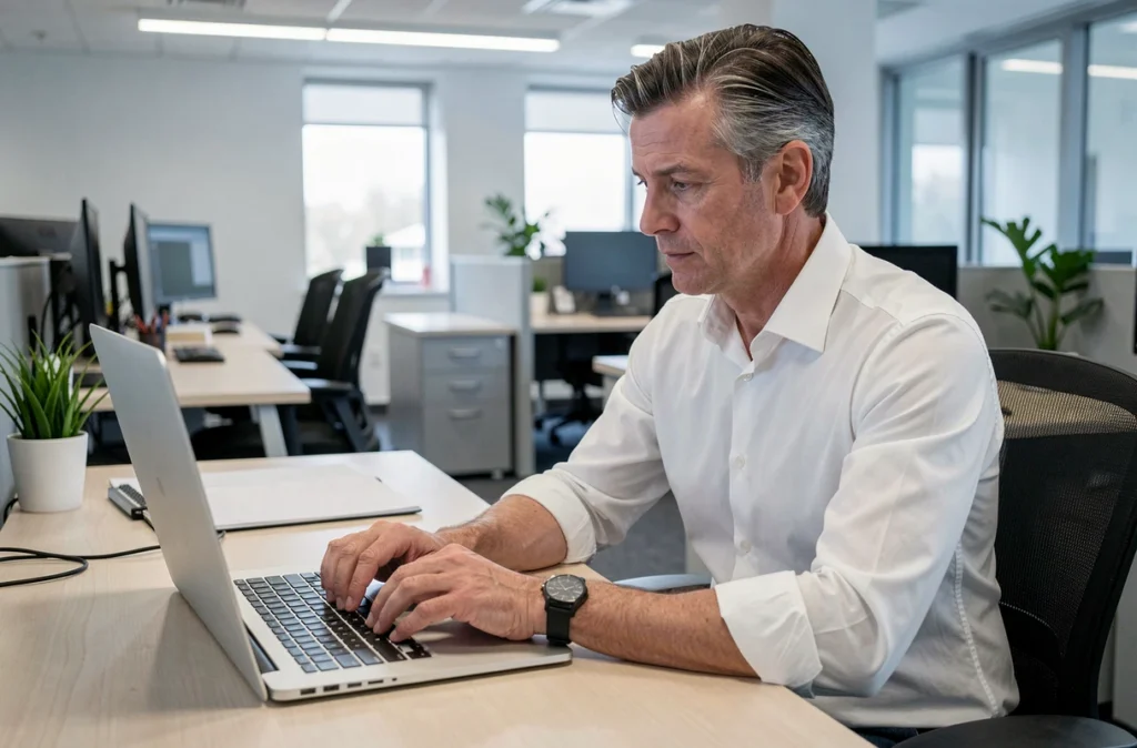 Homme en bureau utilisant les touches Alt et flèche gauche pour revenir en arrière sur un portable sans souris