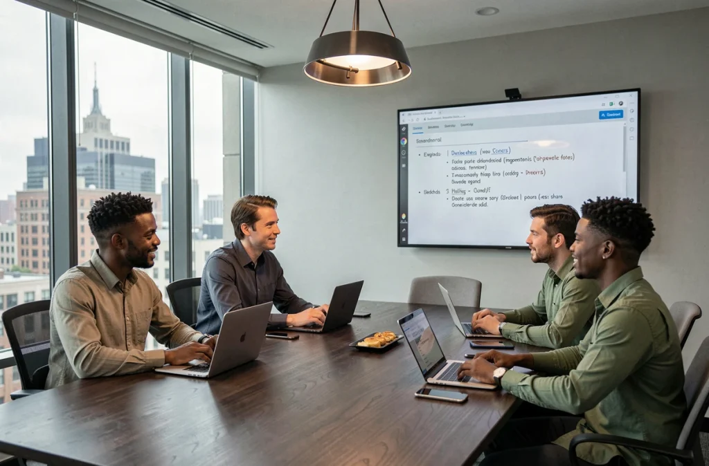 Groupe de professionnels en réunion collaborative utilisant des outils numériques pour la prise de notes partagée