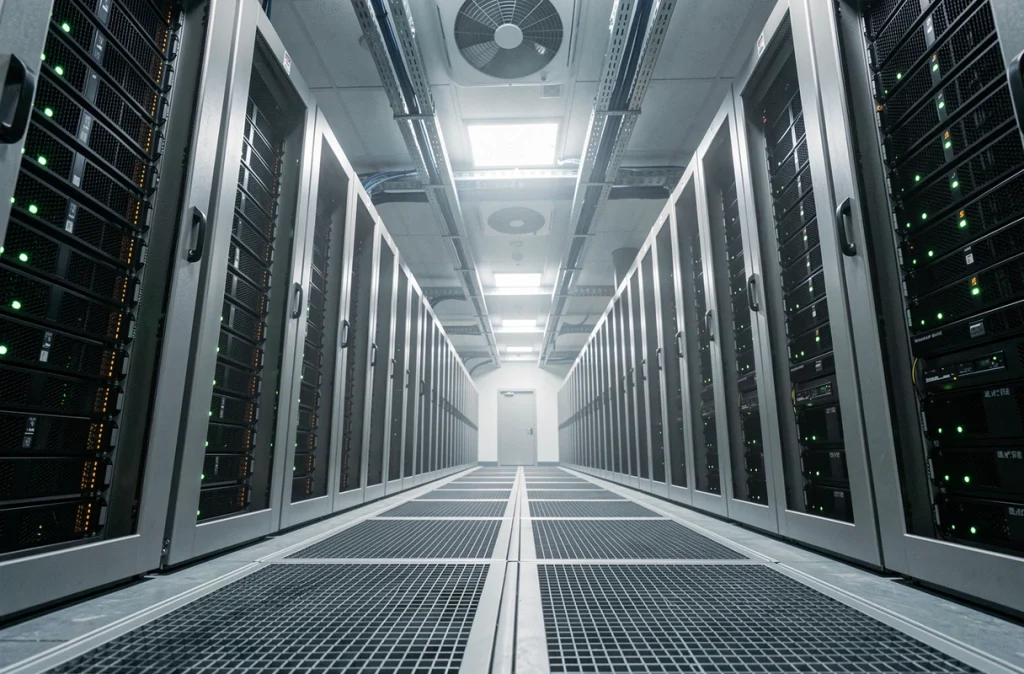 Vue grand angle d'une salle de serveurs avec rangées de racks et câblage dans un centre de données entreprise