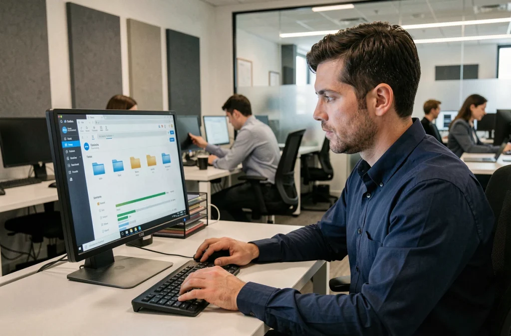 Homme en open space transférant des documents vers un service de stockage en nuage pour éviter la perte de données