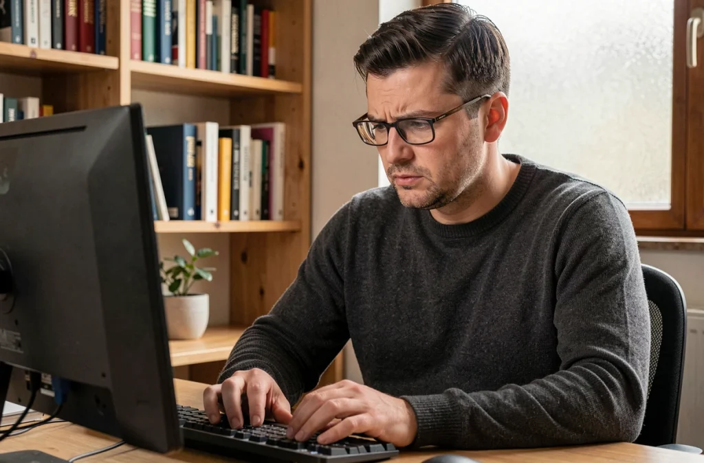Homme travaillant depuis son domicile surveillant la progression d'une sauvegarde cloud sur son ordinateur de bureau