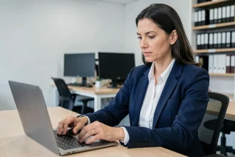 Femme professionnelle connectant un disque dur externe à un ordinateur portable pour effectuer une sauvegarde de données en entreprise
