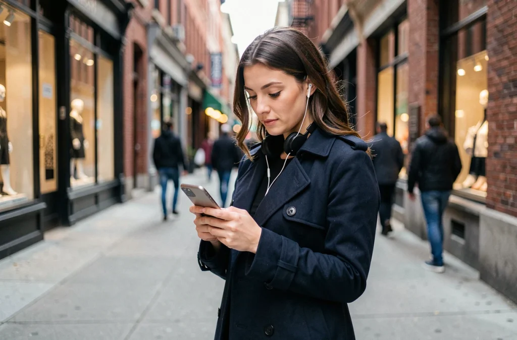 Femme utilisant son téléphone en ville pour envoyer un message anonyme avec numéro masqué