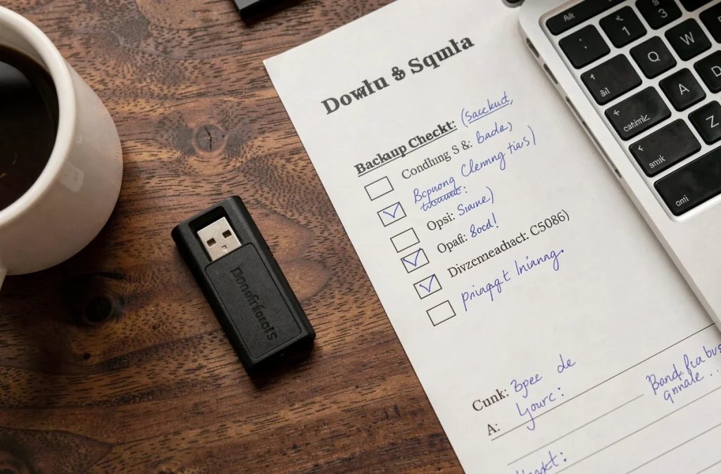 Gros plan sur des supports de sauvegarde bureautique incluant une clé USB, un SSD externe et une liste de contrôle imprimée posés sur un bureau en bois