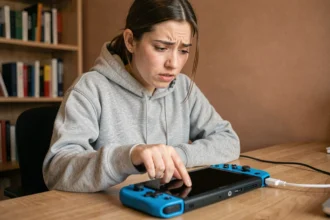 Femme appuyant sur le bouton d'allumage d'une Nintendo Switch avec écran noir, expression inquiète, bureau en bois à la maison