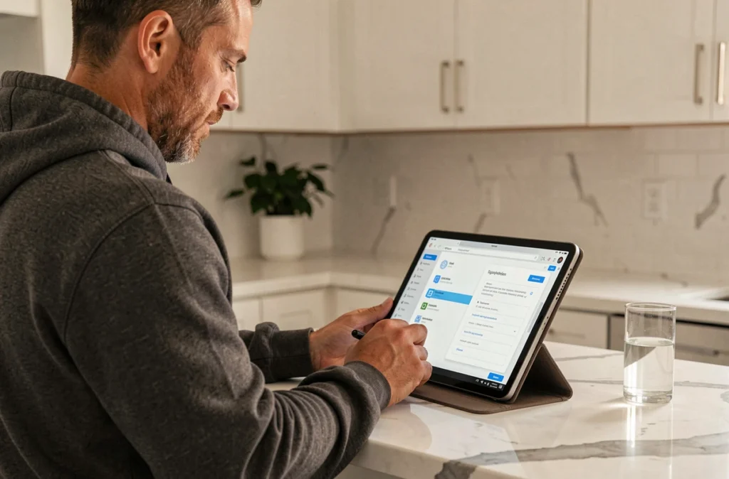 Homme configurant la synchronisation des emails IONOS avec Outlook sur une tablette dans une cuisine moderne