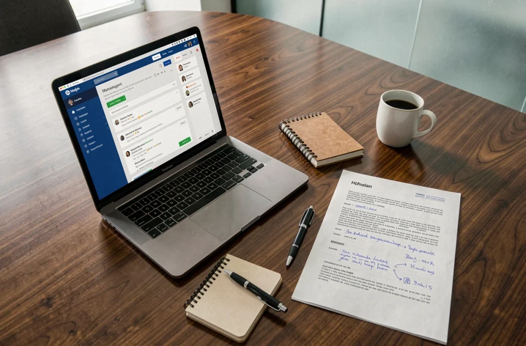 Vue aérienne d'un bureau avec un ordinateur portable affichant un tableau de bord d'archivage d'emails et des documents annotés en salle de réunion