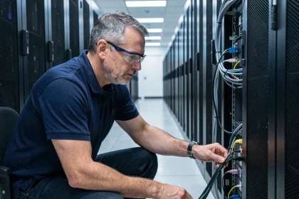 Technicien inspectant les serveurs dans un datacenter moderne lors d'une réorganisation énergétique