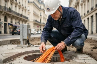 Technicien télécom inspectant des câbles fibre optique dans une tranchée urbaine lors de l'installation d'un nouveau réseau