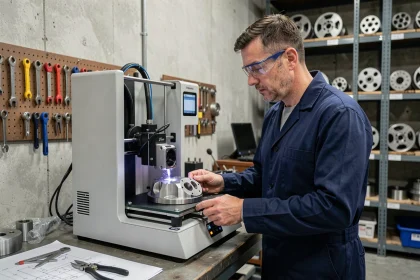 Technicien industriel surveillant une imprimante 3D produisant une pièce de rechange mécanique dans un atelier de maintenance