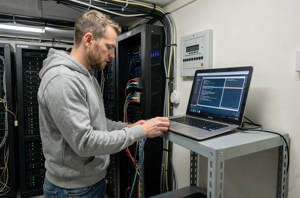 Un technicien informatique configurant un pare-feu sur un serveur dans une petite entreprise belge