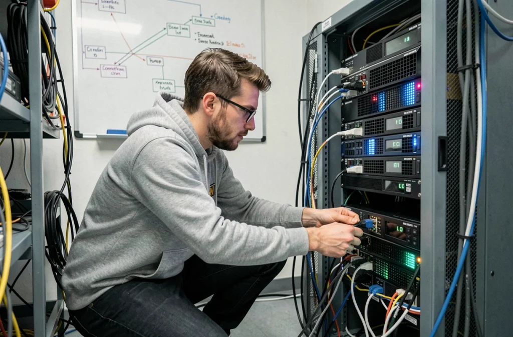 Technicien informatique installant des équipements réseau dans la salle serveur d'une petite entreprise belge