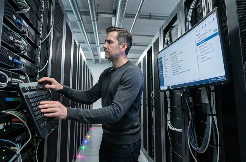 Technicien informatique supervisant un système d'indexation documentaire automatisé par intelligence artificielle dans une salle de serveurs