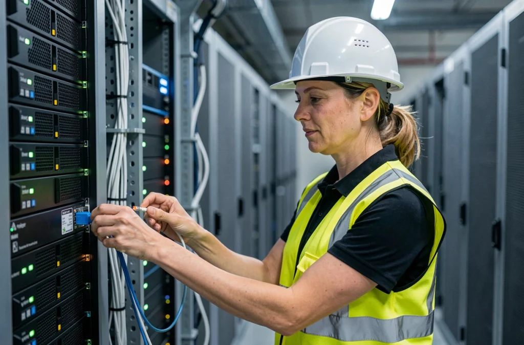 Technicienne réseau connectant un câble fibre optique dans un centre de données moderne lors du déploiement du réseau francophone