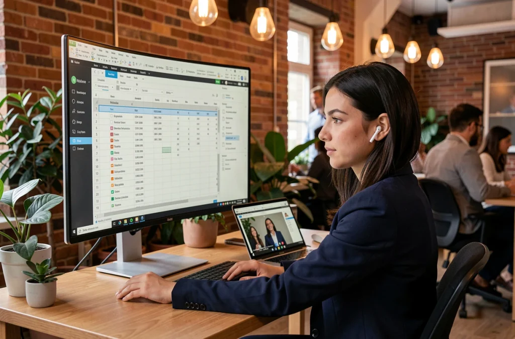 Femme professionnelle travaillant sur un document partagé en télécollaboration depuis un espace de coworking