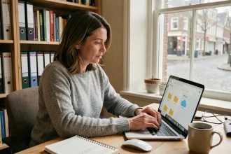Femme en télétravail à Bruxelles utilisant une solution cloud sur son ordinateur portable depuis son bureau à domicile