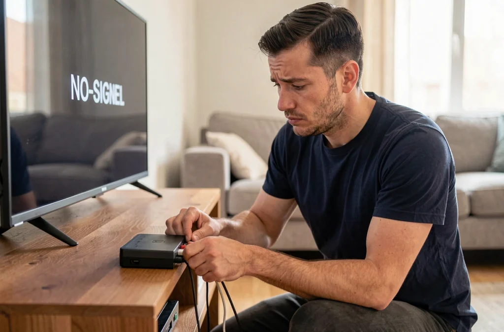 Homme vérifiant les connexions de la station d'accueil Nintendo Switch dans un salon moderne, téléviseur sans signal en arrière-plan