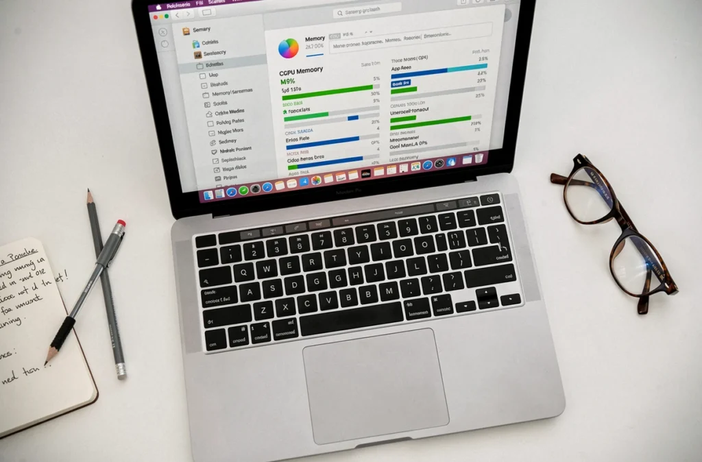 Vue aérienne d'un MacBook Pro affichant le gestionnaire de tâches macOS avec bloc-notes et accessoires de bureau