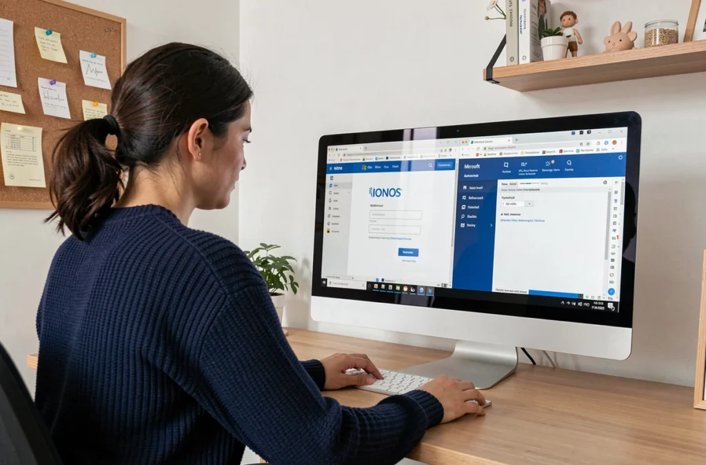 Femme comparant le webmail IONOS et Outlook sur un écran de bureau à la maison
