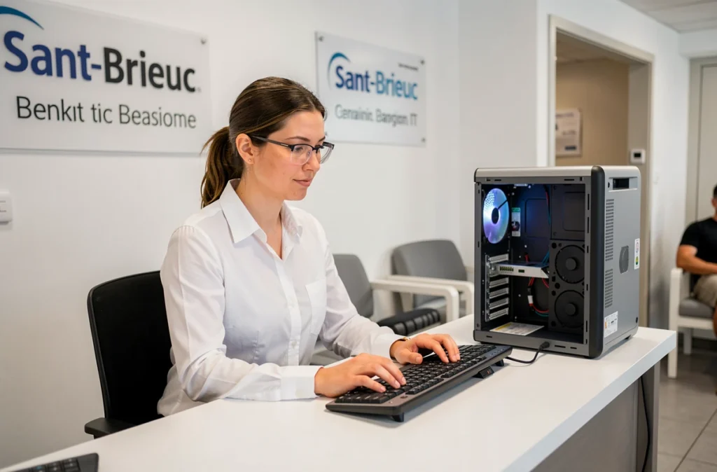 Technicienne d'Aapy Informatique accueillant un client dans son agence de dépannage informatique à Saint-Brieuc