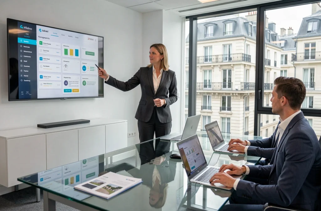 Consultante d'Aareon France présentant un logiciel de gestion immobilière à des clients en salle de réunion moderne