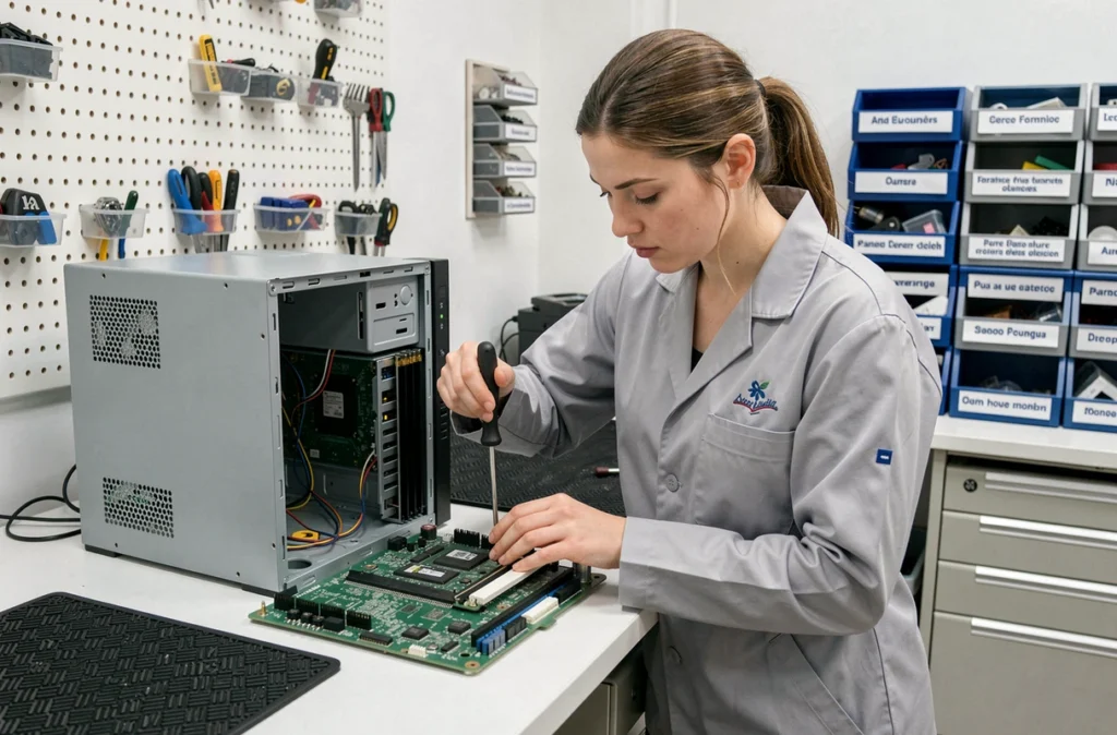 Technicienne d'Acatus Informatique réparant un ordinateur de bureau dans un atelier de maintenance professionnel