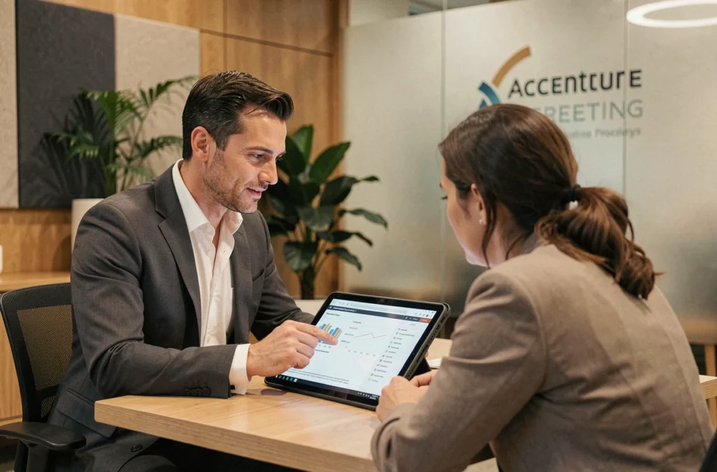 Stratège en cybersécurité d'Accenture présentant les résultats d'un test d'intrusion à un client dans un espace de travail collaboratif moderne