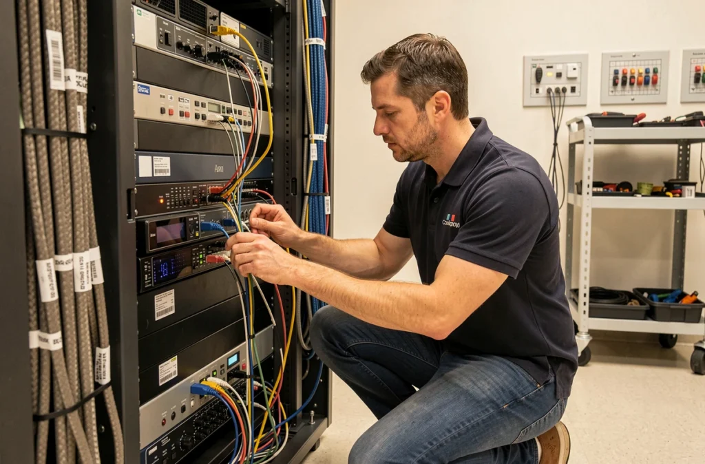 Technicien d'ADS Multimedia installant des équipements audiovisuels dans une baie de brassage professionnelle
