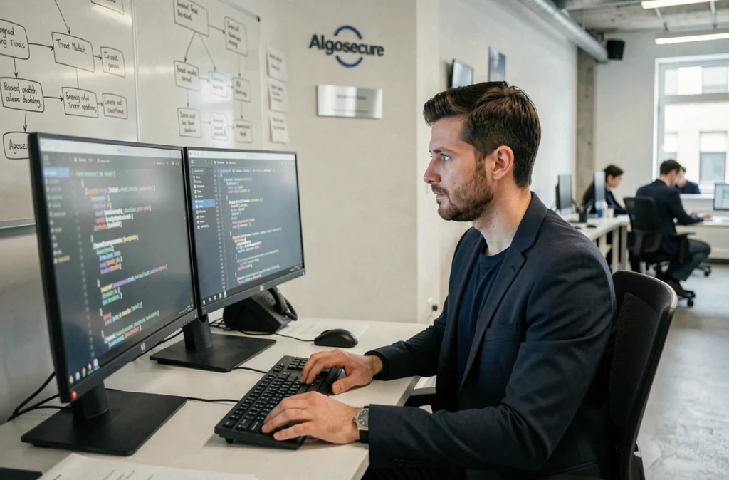 Analyste en cybersécurité d'Algosecure travaillant sur une analyse de vulnérabilités dans un bureau technologique moderne
